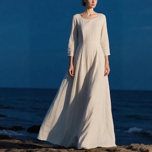 Elegant Long Linen Dress for Women White Maxi Dress with 3/4 Sleeves Boho Beach Dress Fowy A-Line Dress Spring Summer Dress Custom Dress