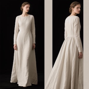 Elegant White Linen Long Sleeve Dress with Boat Neckline Full-Length Maxi Dress Summer Fall Dress Cottagecore A-Line Dress Custom Dress