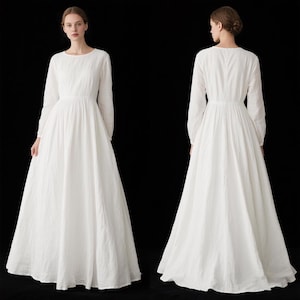 Romantic White Linen Long Sleeve Dress with Belt Elegant Linen Gown with Pockets Full-Length Maxi Dress Summer Fall Dress Women Custom Dress