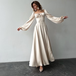Ivory Satin Maxi Dress with Corset Bodice and Long Puff Sleeves, Romantic Elopement Gown or Bridal Dress for Civil Ceremony