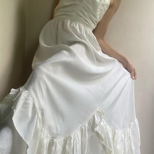 70s Style White Maxi Dress: Vintage Ruffle Trim, XS-S