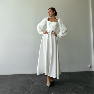 Voluminous Sleeves dress, Midi dress with Long sleeves and Sweetheart Neckline, White Midi Dress for Special Occasions, White Bridal dress