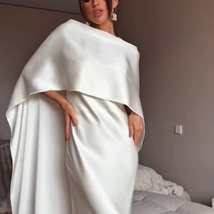 White Satin Maxi Dress with Matching Shawl, White Open Back Slip Dress, Minimalist Wedding Gown, Timeless Bridal Dress, Bachelorette Party