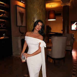 One Shoulder White Bow Maxi Dress, Elegant Off-Shoulder Formal Gown for Weddings, Elopement Dress, Reception Dress For Bride, Her Gift