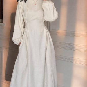 Linen Maxi Dress with Waist Tie, Long Sleeve Boat Neck Handmade Dress, Minimalist Linen Outfit