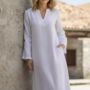 White Cotton Linen Kaftan Dress: Long Sleeve Maxi with Pockets