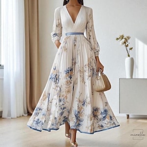 Floral Chiffon Maxi Dress - Vintage Pleated Skirt Dress, Long Sleeve V-Neck Evening Gown, Elegant Wedding Guest Dress