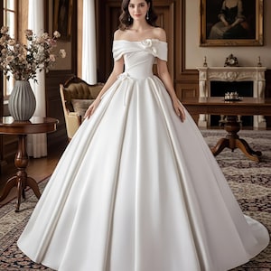 Elegant White Stain Off Shouder Wedding Prom Dress,White Flower Dress,Satin Ball Gown Puff, a Line Formal Dress,Birthday Gown,Gift for Bride