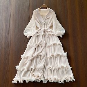 White Ruffle Pleated Maxi Dress – Long Sleeve Belted Gown, Modest Tiered Formal Dress, Elegant Eid Gift, Thanksgiving Outfit for Her