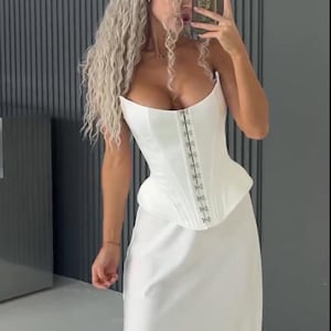 Elegant White Corset and Midi Skirt - Overbust Bustier for Weddings & Special Occasions
