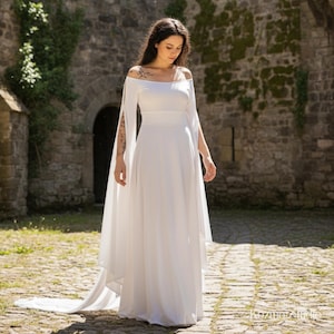 Medieval Renaissance Dress Women – Elf Fairytale Gown with Flowy Sleeves, Off Shoulder Long Maxi Dress, White Green Blue, Christmas Gift